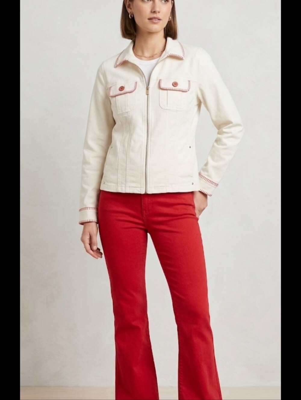 Upcycled White jean jacket shacket embroidered S-M Jones NY